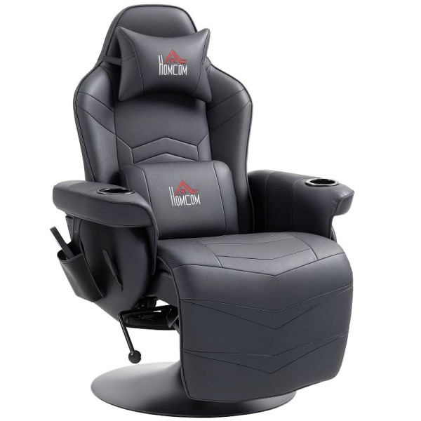 HOMCOM Gamingsessel, Massagefunktion, neigbare Lehne, Fußstütze, bis 120 kg, Stahlrahmen, Kunstleder, Schwarz, 700-142V00BK