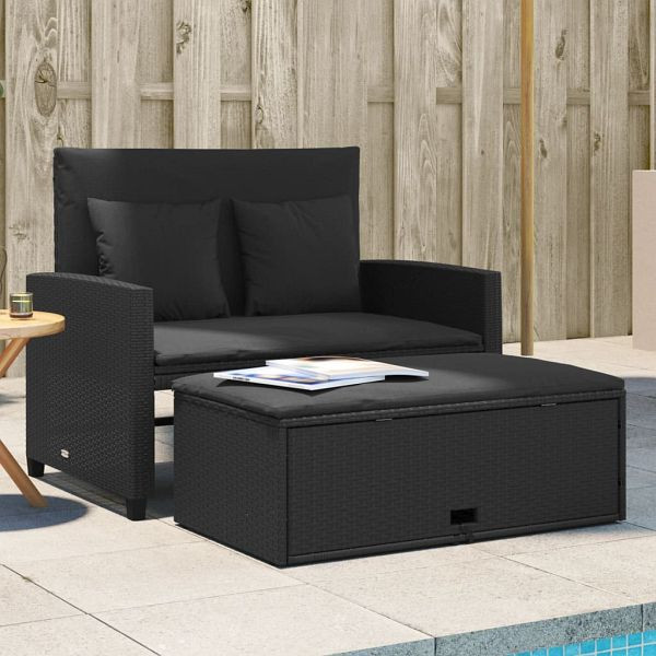vidaXL Gartensofa mit Kissen 2-Sitzer Schwarz Poly Rattan, 365132