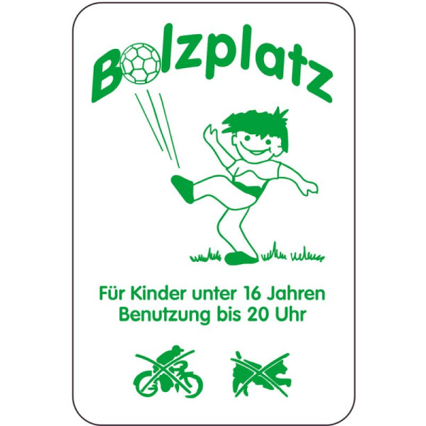 Stein HGS Sonderschild, Bolzplatz, Für Kinder unter 16 Jahren, Benutzung bis 20 Uhr, 400 x 600 mm, Text: grün, 15002