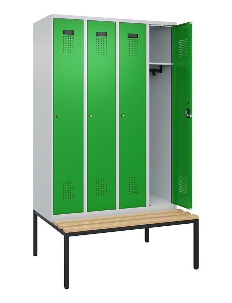 C+P Spind Evolo PLUS, 4 Abteile, 2120x1200x815mm, 7035/6037, Haken 3, Zylinderschloss, Sitzfläche Buche-Hartholz, Sitzbank, 0490507-40 S10038