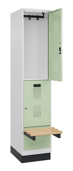 C+P Doppelstock-Spind Evolo PLUS, Bank, 2 Fächer, 1950x400x815mm, 9016/6019, Zylinderschloss, Sitzfläche Buche-Hartholz, mit Sockel, 049340-12 S10046