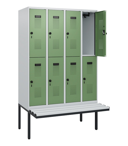 C+P Doppelstock-Spind Evolo PLUS, Bank, 8 Fächer, 1950x1200x815mm, 7035/6011, Drehriegel, Sitzfläche Kunststoff, 0493405-40 S10101