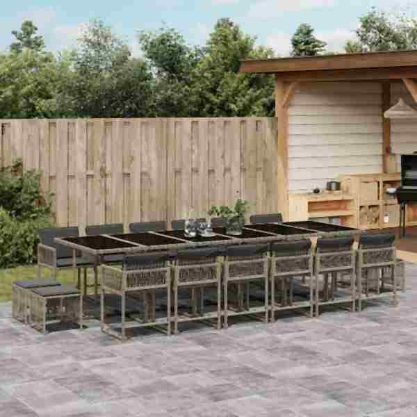 vidaXL 17-tlg. Garten-Essgruppe mit Kissen Grau Poly Rattan, UV-beständig, 3211544