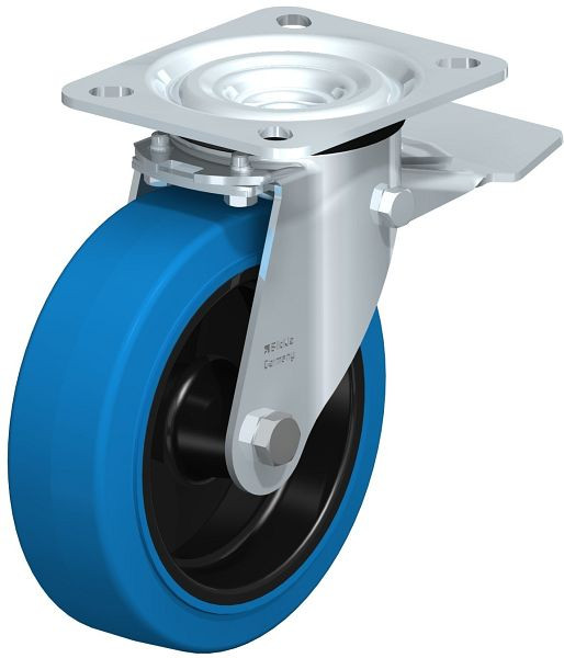 Blickle L-POEV 125G-ST-SB Stahlblech-Lenkrolle, mittelschwere Ausführung, mit Anschraubplatte & Feststeller, Elastik-Vollgummi, Blau, 850540