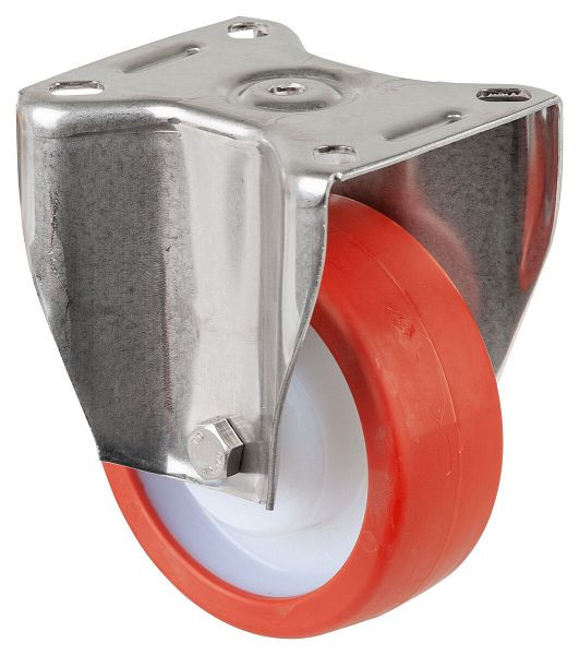 BS Rollen Edelstahl-Schwerlastrolle Bockrolle, Edelstahl, Gleitlager Polyurethanrad rot, Anschraubplatte, Durchmesser 100 mm, HS110.B27.100