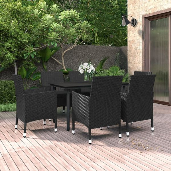vidaXL 7-teilig Garten-Essgruppe mit Auflagen Poly Rattan und Glas, 3099688