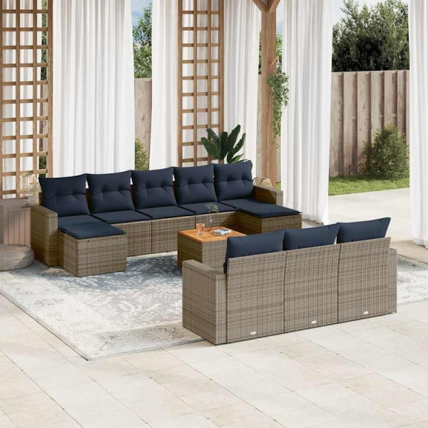vidaXL 11-teiliges Gartensofa-Set mit Kissen, grau, Polyrattan, 3256677
