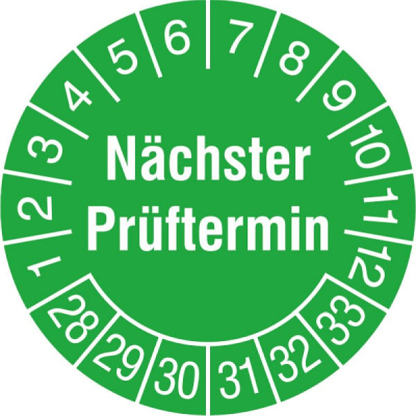 Stein HGS Prüfplaketten mit Jahresfarbe (6 Jahre), Folie, Ø 15 mm, grün-weiß, 2028-2033, 31.c7020-28