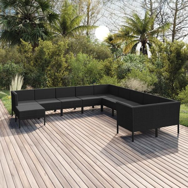 vidaXL 11-teilig Garten-Lounge-Set mit Auflagen Poly Rattan Schwarz, 3094517