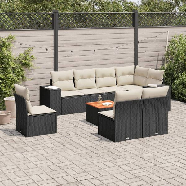 vidaXL 9-tlg. Garten-Sofagarnitur mit Kissen Schwarz Poly Rattan, 3225482