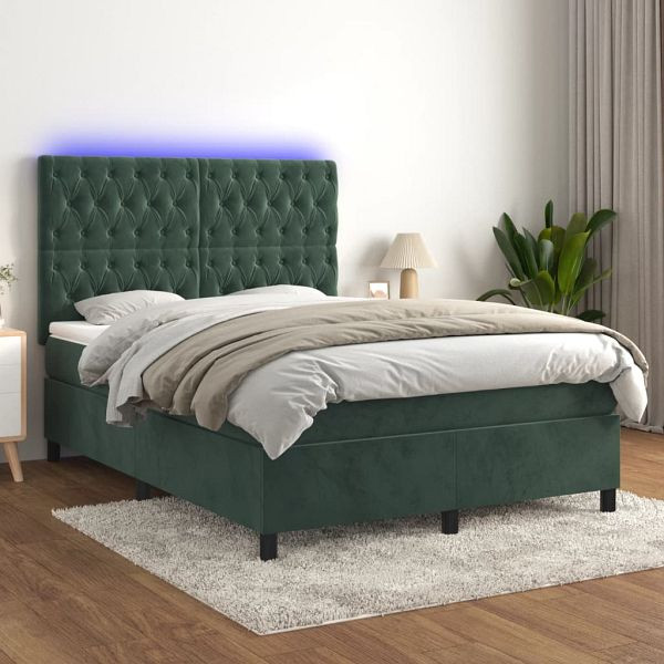 vidaXL Boxspringbett mit Matratze & LED Dunkelgrün 140x200 cm Samt, 3136308