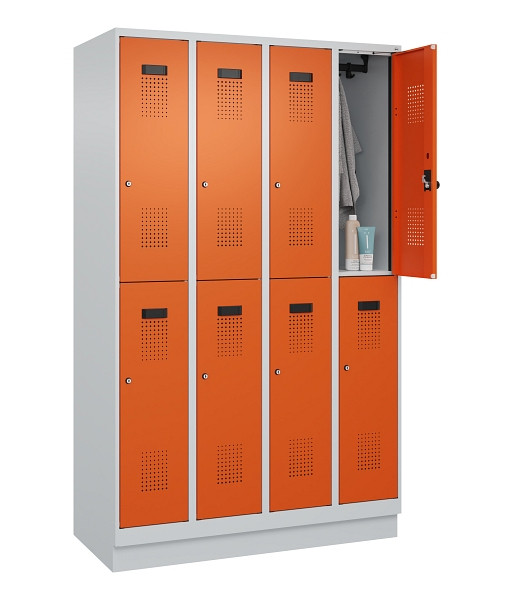 C+P Doppelstöckiger Spind Evolo PLUS, mit Sockel, 8 Fächer, 1950x1200x500mm, 703, Frontfarbe RAL 2004 Reinorange, Zylinderschloss, 049320-40 S10029