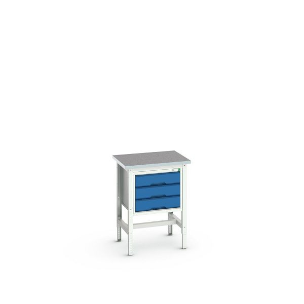 bott verso Werkbank (Linoleum-Platte) mit Querstrebenset und 3 Schubladen, BxTxH: 700 x 600 x 780 - 930 mm, Lichtgrau / Enzianblau, 16921603.11