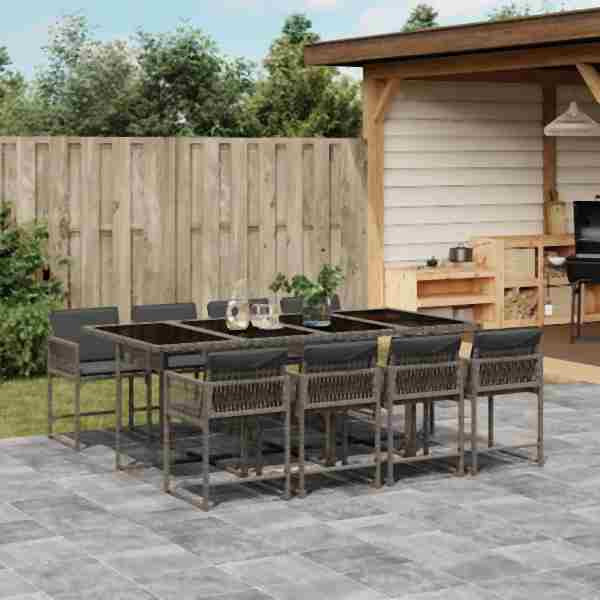 vidaXL 9-tlg. Garten-Essgruppe mit Kissen Grau Poly Rattan, UV-beständig, 3211460