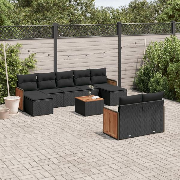 vidaXL 10-teilig Garten-Sofagarnitur mit Kissen Schwarz Poly Rattan, 3228085