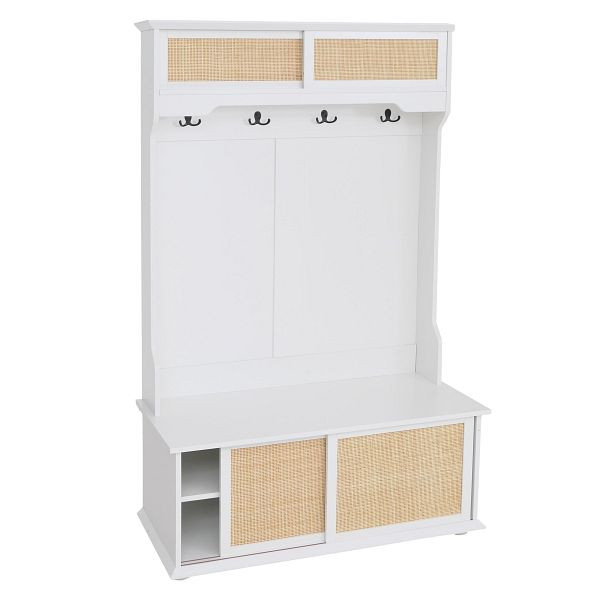 Mendler Garderobe HWC-P25, Flurgarderobe Holzgarderobe, Melamin Kubu Rattan 163x100x47cm, weiß, 118654+118655