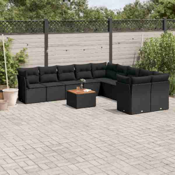vidaXL 11-tlg. Garten-Sofagarnitur mit Kissen Schwarz Poly Rattan, UV-beständig, 3223850