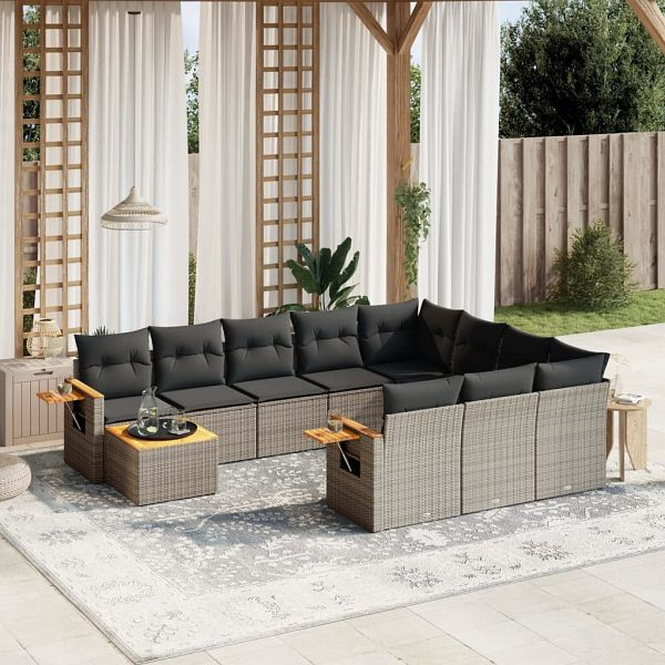 vidaXL 11-teilig Garten-Sofagarnitur mit Kissen Grau Poly Rattan, 3227208