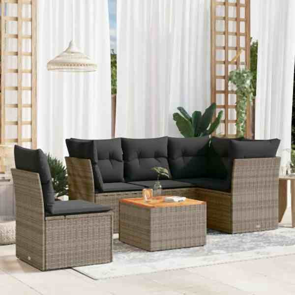 vidaXL 6-tlg. Garten-Sofagarnitur mit Kissen Grau Poly Rattan, UV-beständig, 3255976