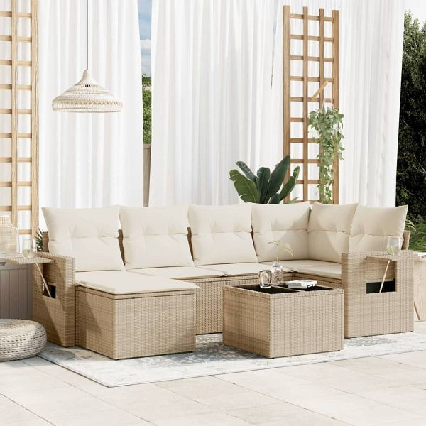 vidaXL 7-teilig Garten-Sofagarnitur mit Kissen Beige Poly Rattan, 3220467