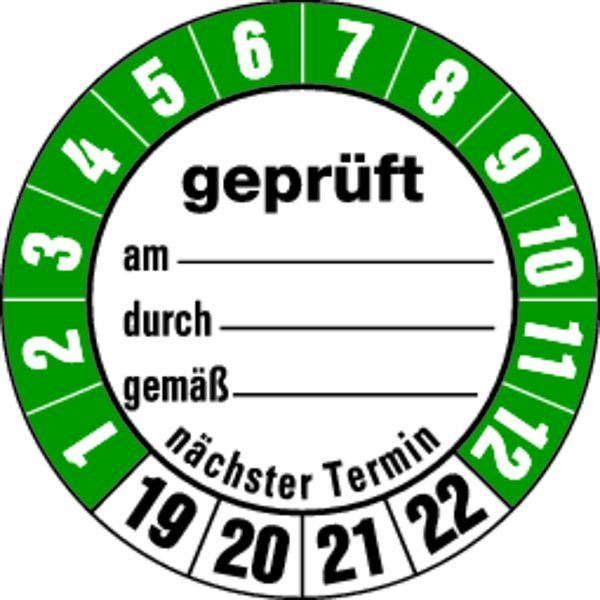 Schilder Klar Prüfetiketten geprüft am... durch... gemäß..ab 23 weiß/grün, 35 mm Folie selbstklebend, VE: 40 Stück, 46/65.23