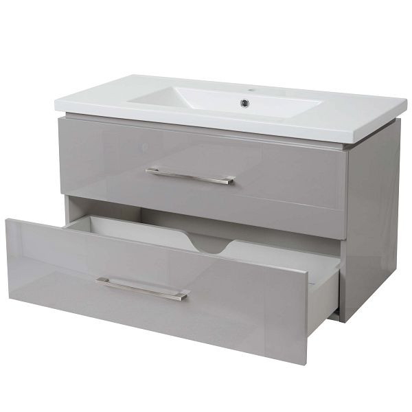 Mendler Premium Waschbecken + Unterschrank HWC-D16, Waschbecken Waschtisch, hochglanz 90cm, grau, 62265+62244