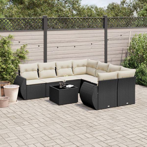 vidaXL 9-teilig Garten-Sofagarnitur mit Kissen Schwarz Poly Rattan, 3221155