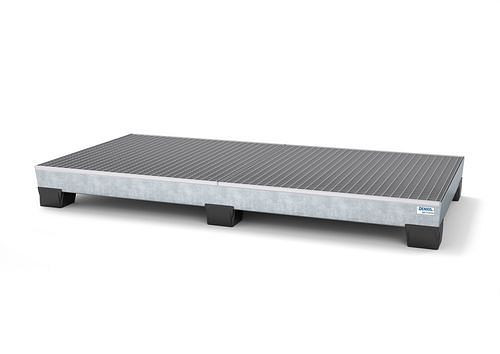 DENIOS Auffangwanne pro-line für 8 Fässer, Stahl verzinkt, Füße, mit Gitterrost, B 2455 mm, 259358