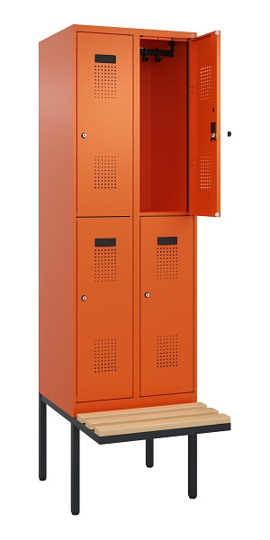 C+P Doppelstock-Spind Evolo PLUS, Bank, 4 Fächer, 2120x600x815mm, 2004/2004, Zylinderschloss, Sitzfläche Buche-Hartholz, 0493407-20 S10050