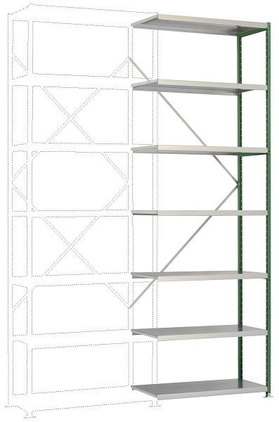 Manuflex Mittelschweres Fachboden-Steckregal Anbauregal mit 7 Stahlböden, HxBxT = 3000 x 1000 x 500 mm, resedagrün, RP1719.6011
