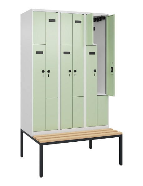 C+P Z-Spind Evolo PLUS, Bank, 6 Fächer, 2120x1200x815mm, 9016/6019, Drehriegel, Sitzfläche Buche-Hartholz, Sitzbank, 0490537-326 S10017