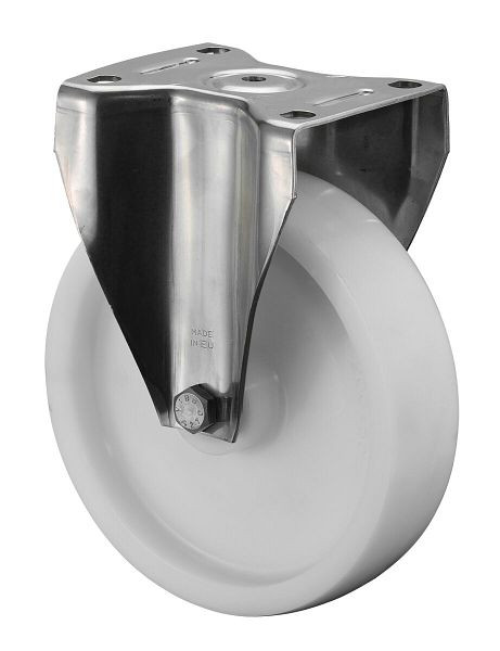 BS Rollen Edelstahl-Schwerlastrolle Bockrolle, Edelstahl, Kunststoffrad, Gleitlager, Anschraubplatte 200 mm, Tragfähigkeit 700 kg, HS110.A90.200