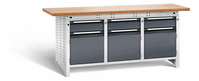 Otto Kind Werkbank Serie function Typ 309, Multiplexplatte 40 mm, überstehend, 2x Unterbau + mittleres Feld, Gehäuse RAL 7035, Front RAL 7016, 072364249