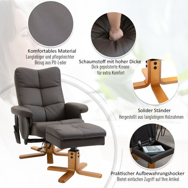 HOMCOM Relaxsessel mit Liegefunktion Massagesessel mit Fußhocker Braun, 700-111V02BN