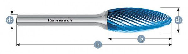 Karnasch Hartmetall-Frässtift Blue-Tec beschichtet Flamme/ HP-2 d1=12 / l2=32 / d2=6/ l1=77mm, 115070025