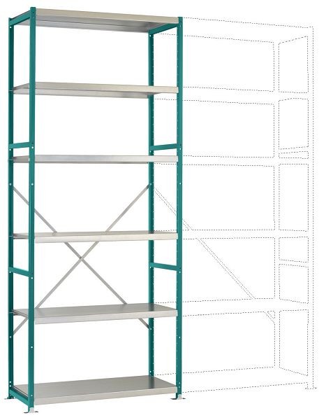 Manuflex Mittelschweres Fachboden-Steck-Grundregal mit 6 Stahlböden, HxBxT = 2500 x 1030 x 300 mm, wasserblau, RP1317.5021