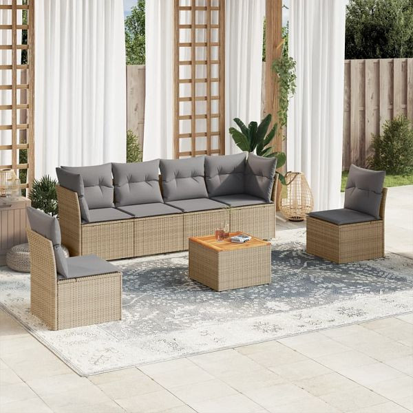 vidaXL 7-tlg. Garten-Sofagarnitur mit Kissen Beige Poly Rattan, 3223553
