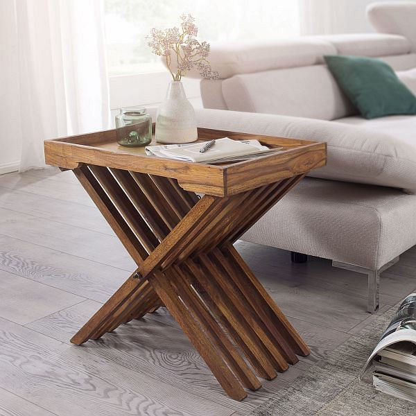 Wohnling Beistelltisch MUMBAI Massivholz Sheesham Design, Serviertablett und Tisch-Gestell, klappbar, Landhaus-Stil, WL1.737