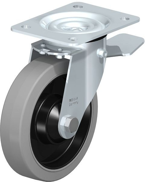 Blickle LE-POEV 161K-ST-SG Stahlblech-Lenkrolle mit Anschraubplatte & Feststeller, Elastik-Vollgummi, Grau, 850150