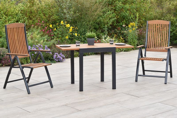 Merxx Athos Set 3-teilig, 2 Klappsessel, 1 Balkonausziehtisch, 65 (130) x 65 cm, Tischplatte aus Akazienholz, Aluminium mit FSC Akazienholz, 51007-217