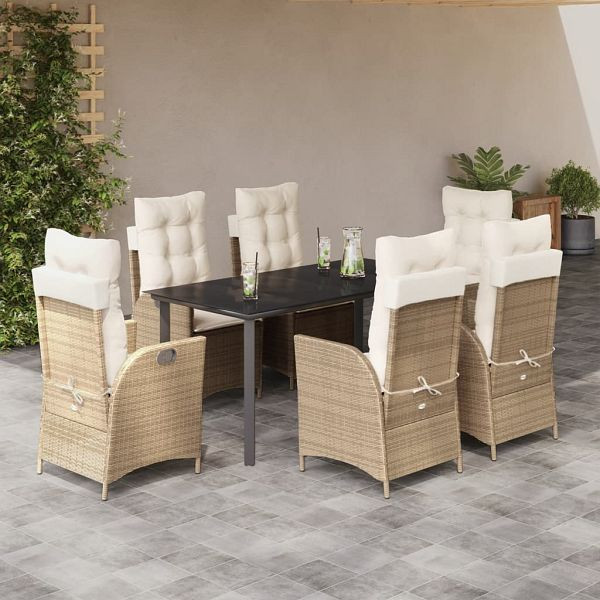 vidaXL 7-teilig Garten-Essgruppe mit Kissen Beige Poly Rattan, 3213249