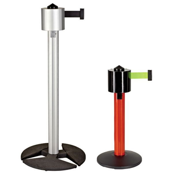 Stein HGS Personenleitsystem "StoreTrac" aus Aluminium, Gurtlänge: 12m, Mono, Pfostenhöhe: 1m, Fuß: Ø490mm, ohne Abdeckhaube, Gurt: schwarz/gelb, 32920-mono14