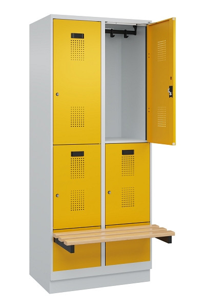 C+P Doppelstock-Spind Evolo PLUS, Bank, 4 Fächer, 1950x800x815mm, 7035/1004, Zylinderschloss, Sitzfläche Buche-Hartholz, mit Sockel, 049340-22 S10027