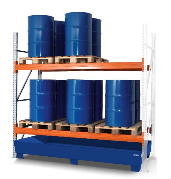 DENIOS Gefahrstoff-Palettenregal, Anbaufeld, 2 Lagerebenen, lackierte Auffangwanne, 2800 x 1300 x 2700 mm, 329151
