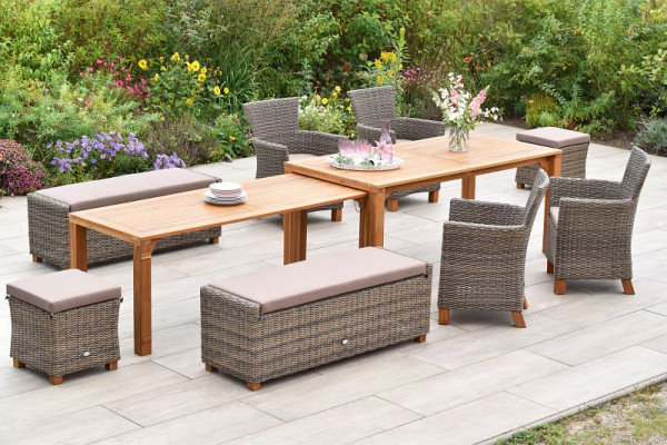 Merxx Toskana Set 9-teilig, 4 Toskana Sessel, 2 Toskana Bänke, 2 Toskana Hocker, 1 Flex Ausziehtisch, 185/370 x 90/73 cm, natur, 50590-211