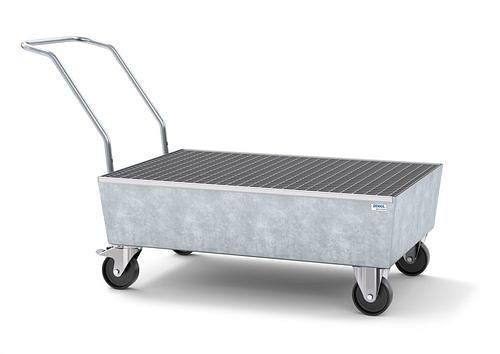 DENIOS Fahrbare Auffangwanne pro-line für 2 Fässer à 200 l, verzinkt, Gitterrost, elektrisch leitfähig, 259362