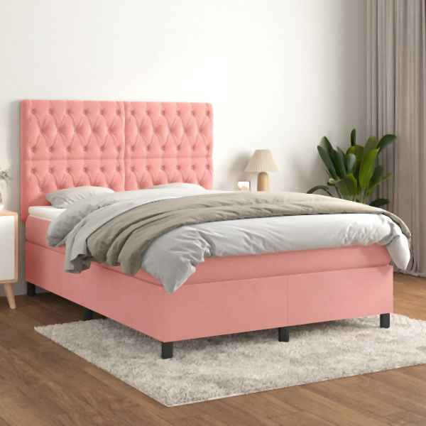 vidaXL Boxspringbett mit Matratze Rosa 140x190 cm Samt, 3143204