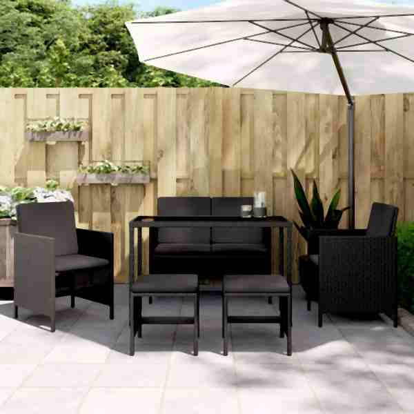 vidaXL 6-tlg. Garten-Essgruppe mit Kissen Schwarz Poly Rattan, 363398