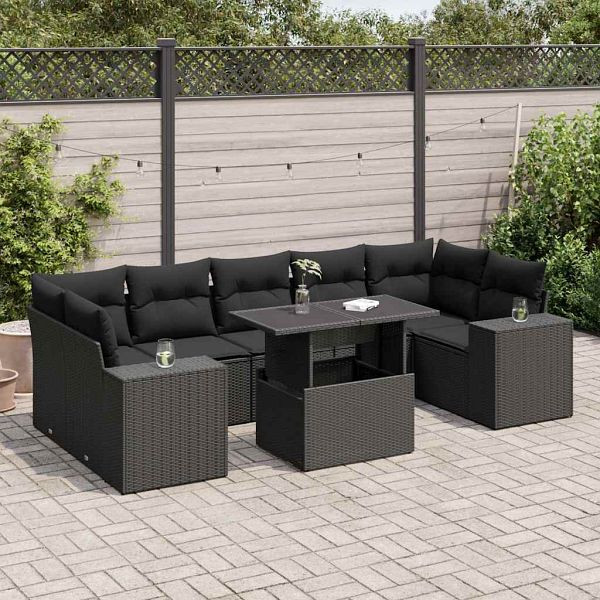 vidaXL 8-tlg. Garten-Sofagarnitur mit Kissen Schwarz Poly Rattan, 3326756