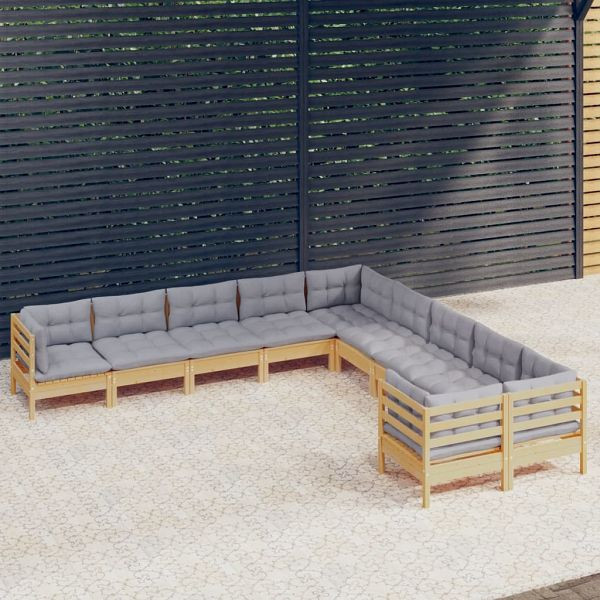 vidaXL 10-tlg. Garten-Lounge-Set mit Grauen Kissen Kiefernholz, 3097006